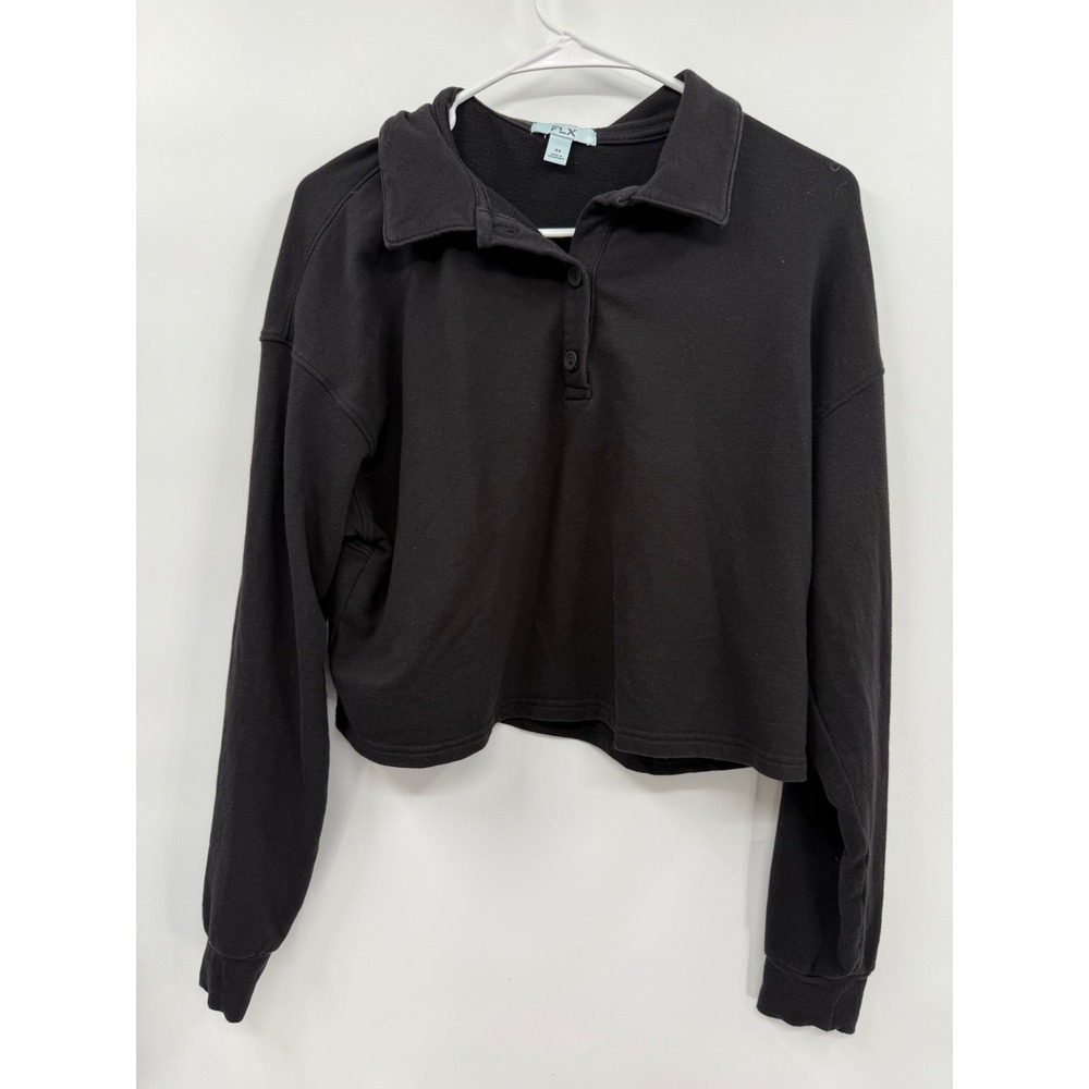 FLX XS Cropped Polo Sweatshirt Womens Black Long Sleeve Collared Pullover